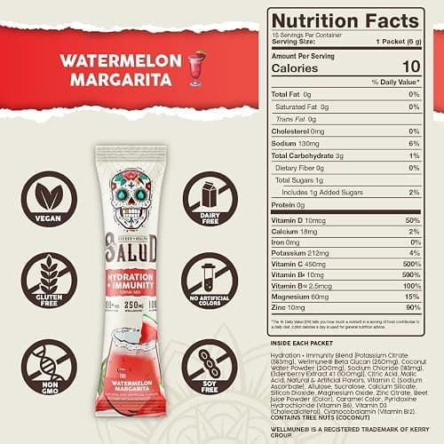 Salud 2-in-1 Hydration + Immunity Drink Mix, Watermelon Margarita | Electrolytes Powder, Agua Fresca, Elderberry, Dairy & Soy Free, Non-GMO, Gluten Free, Vegan, 1g Sugar (15 Servings) thumbnail 3