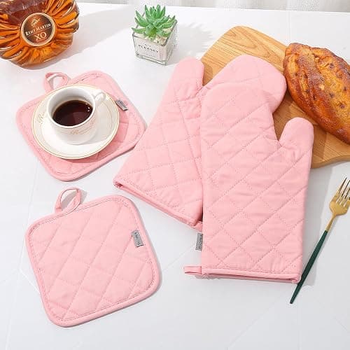 Oven Mitts and Pot Holders 4 pcs Set,High Heat Resistant 500 Degree Extra Thicken Long Kitchen Cotton Oven Glove for Cooking (12 Inch,Pink)… thumbnail 2