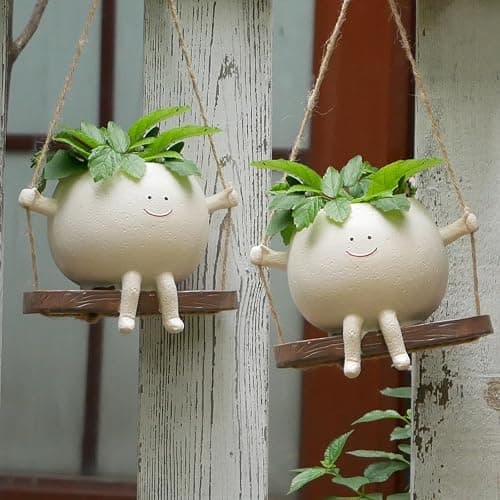 Xzunk 2 Pcs Swing Hanging Planters for Indoor Plants Swinging Plant Pot Face Hanging Flower Pots Resin Head Planter for Outdoor Succulents Gift Ideas for Mother - Image 1