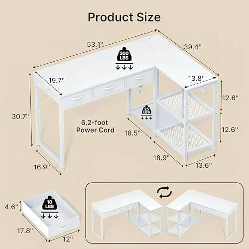 Gizoon 53 Inch White L Shaped Gaming Desk with CPU Stand & Power Outlet - Reversible Corner Desk with Drawers, Storage Shelves and 2 Hooks for Gaming Setup, Home Office, Living Room thumbnail 3