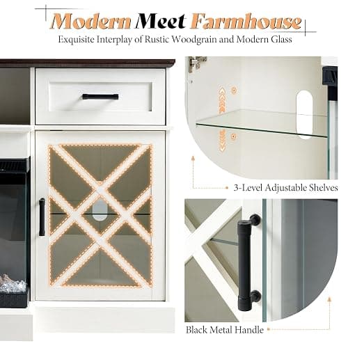 AMERLIFE Farmhouse LED Fireplace TV Stand with 3-Sided Glass Fireplace, 70" Large Entertainment Center for TVs up to 80", Rustic TV Console with Glass Door Storage for Living Room, Barnwood+White thumbnail 8