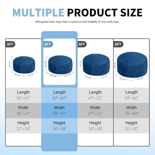 Homguava 4 FT Bean Bag Chair,4' Big Bean Bag,Large Bean Bag Chairs for Adults with Memory Foam Filled,Comfy Beanbag Chairs Soft Bean Bag Sofa with Dutch Corded Plush Cover-Blue thumbnail 2