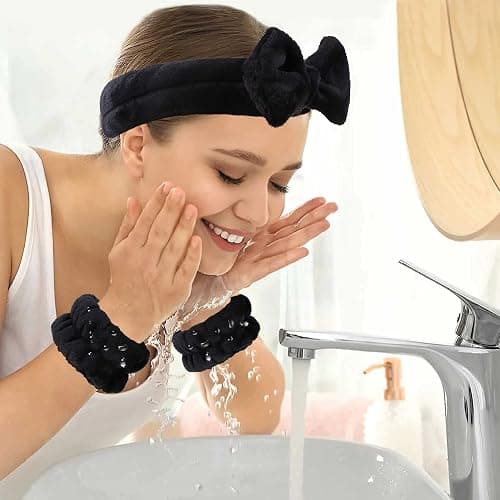 WSYUB Makeup Headbands, 1pcs Black Spa Headband Fluffy Bow Tie Headband Microfiber Face, and 2Pcs Wrist Spa Wash Band Absorbent Wristbands, for Washing Face Skin Care thumbnail 6