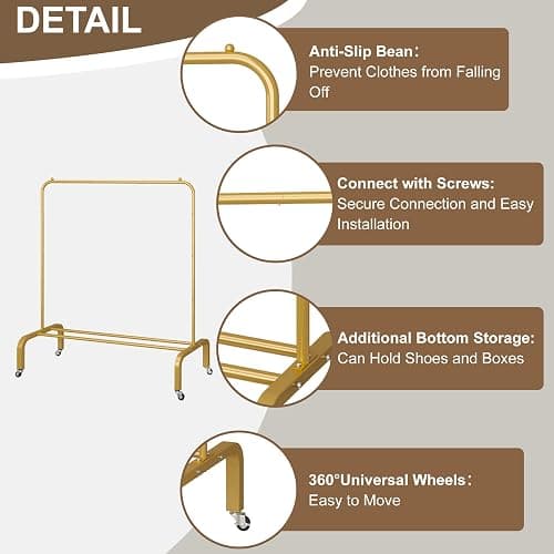 JIUYOTREE Metal Clothing Rack with Wheels 43.3 Inches Rolling Clothes Garment Coat Rack with Bottom Shelf Clothing Rack for Hanging Clothes Coats Skirts Shirts Sweaters Gold thumbnail 7