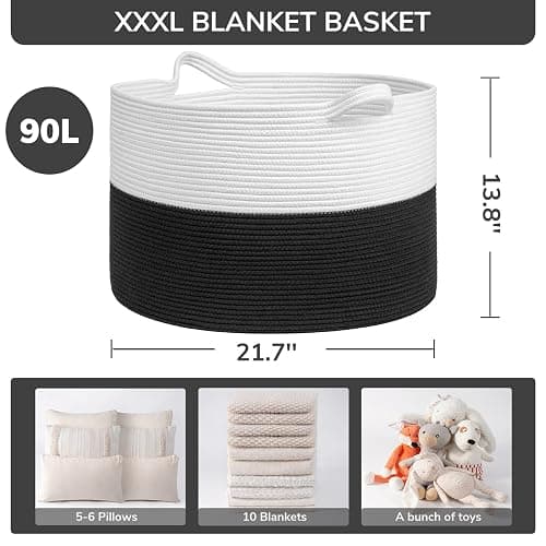 INDRESSME Large Cotton Rope Baskets for Storage, 21.7 x 13.8 Blanket Storage for Living Room Toy Baskets Kids, Baby Laundry Basket for Dirty Clothes, Pillows, 90L White & Black - White & Black - 21.7"D x 13.8"H thumbnail 2