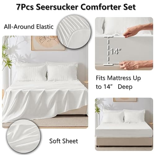 CozyLux Oversized Queen Comforter Set White Seersucker 7 Pieces 98x98 Bed in a Bag Comforter Set with Sheets, Luxury Soft Bedding Sets with Down Alternative Comforter, Sheets, Pillowcases & Shams thumbnail 5