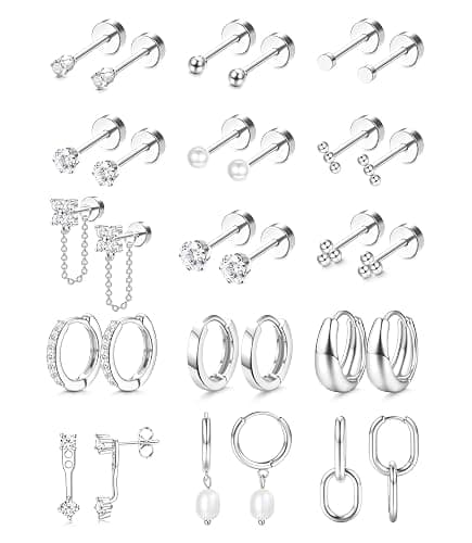 15Pairs Flat Back Earrings for Women Hypoallergenic Surgical Steel Earrings for Sensitive Ears-20G Cartilage Earring Stacks 14K Gold Plated Hoops Flatback Stud Earring Sets for Multiple Piercing - Image 1