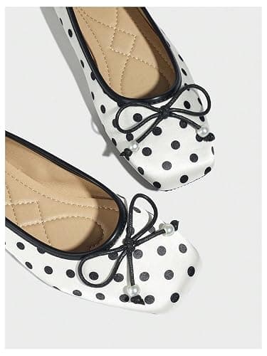 MakeMeChic Women's Bow Knot Polka Dots Flat Shoes Beaded Closed Toe PU Leather Spring Summer Flats thumbnail 5