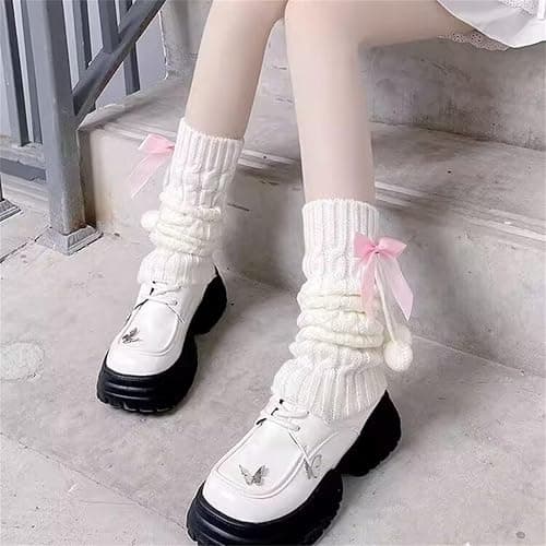 Kajoeiae White Leg Warmers with Bow and Fur Balls, Y2K Rib Knit Boot Socks, Harajuku Cutecore Leg Warmers for Women thumbnail 6