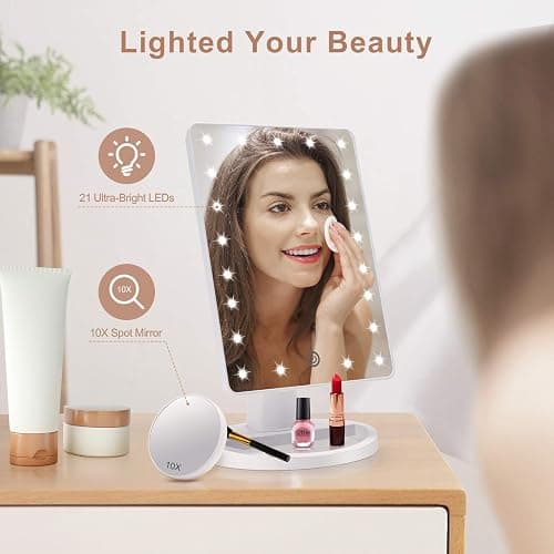 FASCINATE Makeup Vanity Mirror with Lights and Detachable 10X Magnification, 21 Led Lights Adjustable Dimming Touch Sensor, Dual Power Supply, 180° Rotation, Portable Cosmetic Mirror(White) thumbnail 6