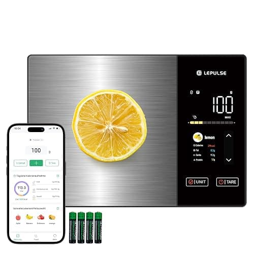 Digitale Küchenwaage mit Nährwertberechnung, Lebensmittelwaage mit 24 Nährwertanalyse, 5kg Edelstahl-Ernährungswaage, TFT Farbdisplay, 50 Offline & unbegrenzte Kalorienanalyse per App, Tara Funktion - Image 1