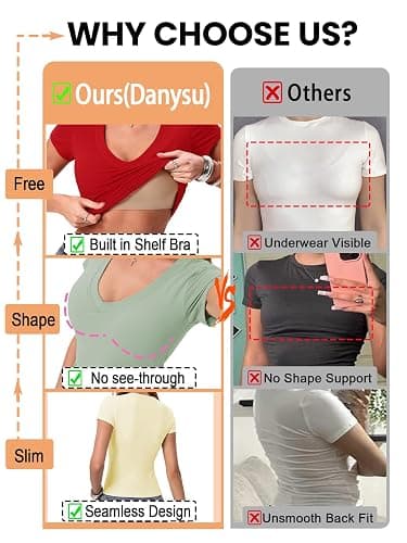 Danysu Nude Built in Bra Cotton V Neck Short Sleeve T Shirt No See Through Stretchy Fitted Basic Tops Summer Going Out Tee thumbnail 4