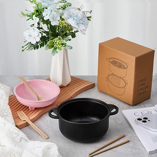 Romooa 2 Sets Large 45oz Ramen Noodle Bowl Microwavable Cute Pig Ramen Cooker Wheat Straw Microwave Bowl with Strainer Lid Handle Spoon Chopsticks Fork Gift for Home Dorm College Office (Pink,Black) thumbnail 6