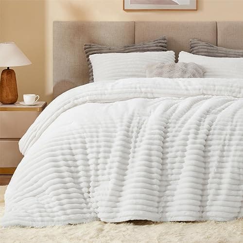 BEDELITE Fleece Queen Comforter Set -Super Soft & Warm Fluffy Bright White Bedding, Luxury Fuzzy Heavy Bed Set for Winter with 2 Pillow Cases - Image 1