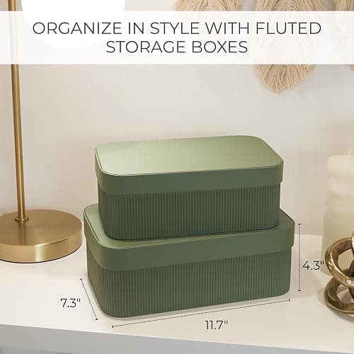Decorative Storage Boxes with Lids – Set of 2 Beautiful Fluted Cardboard Organizer Bins for Your Home Bookshelf Decor to Safely Store Your Documents, Memory Box Items and Other Keepsakes in Style thumbnail 2