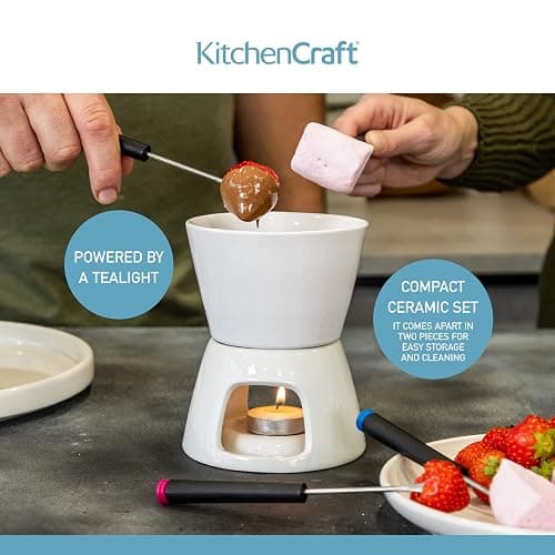 KitchenCraft Chocolate Fondue Set in Gift Box, with Four Stainless Steel Forks and Tealight Candle, Ceramic Bowl and Stand, Ideal for Parties and Dipping Sweets, Fruit or Biscuits, White thumbnail 6
