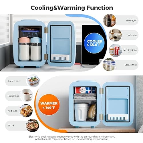 YASHE Mini Fridge, 4 Liter/6 Can Mini Makeup Fridge, 110V AC/ 12V DC Portable Thermoelectric Cooler&Warmer for Skincare, Drink, Cosmetic, Medicine, Small fridge for Bedroom, Office, Dorm, Car, Blue thumbnail 2