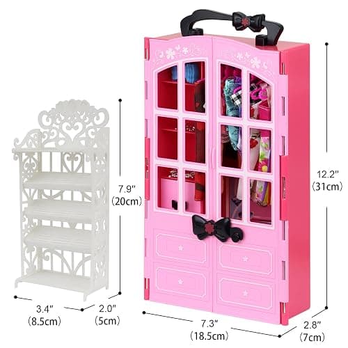 Ecore Fun 120 Pcs Fashion Doll Closet Wardrobe for Clothes and Accessories Storage Include Clothes, Dresses, Shoes, Shoes Rack, Bags, Necklace, Hangers for 11.5 Inch Girl Doll Clothes thumbnail 3