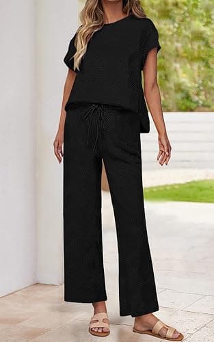 PRETTYGARDEN 2 Piece Outfits For Women Casual Tracksuit Short Sleeve Tops And Wide Leg Long Pants Matching Lounge Sets thumbnail 2