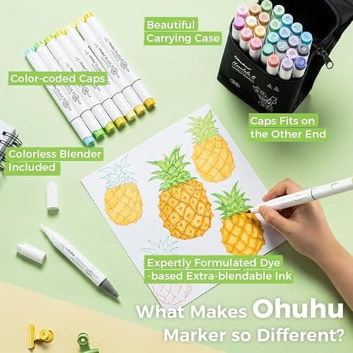 Ohuhu Alcohol Markers Brush Tip, AP Certificated 24 Basic Colors Double Tipped Alcohol Based Art Marker Set for Artist Sketching Adult Coloring Illustration - Brush and Fine Dual Tips - Honolulu B thumbnail 6