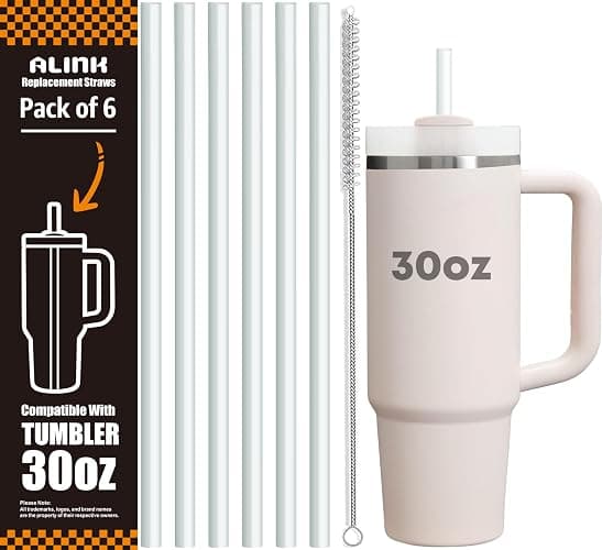 ALINK Clear Replacement Straws for Stanley 30 oz Tumbler, DISHWASHER SAFE, 6 Pack Reusable Plastic Straws Compatible with 30oz Stanley Adventure Quencher Cups, Plus Brush - Image 1