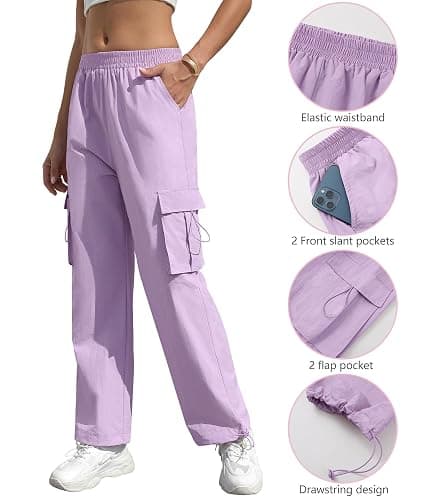 Women's High Waisted Cargo Pants Baggy Trendy Hiking Parachute Pants with Pockets Y2K Cargo Trousers Drawstring Ankles thumbnail 3