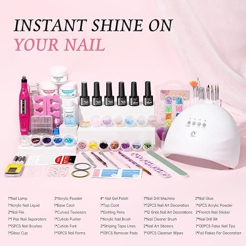 PEACECOLOR 72 Pcs Acrylic Nail Kit with Everything: Gel Nail Polish Kit with U V Light & Drill Machine Acrylic Powders 18Pcs Decoration Powder Base Top Coat Manicure Kit for Beginners Gifts for Women Girl Nail Extension Kit thumbnail 4