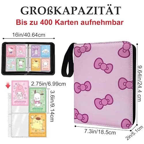 Tarjetero rosa para niñas, 4 bolsillos con 50 fundas para hasta 400 tarjetas coleccionables, bolsa de almacenamiento impermeable con correa para el hombro thumbnail 3