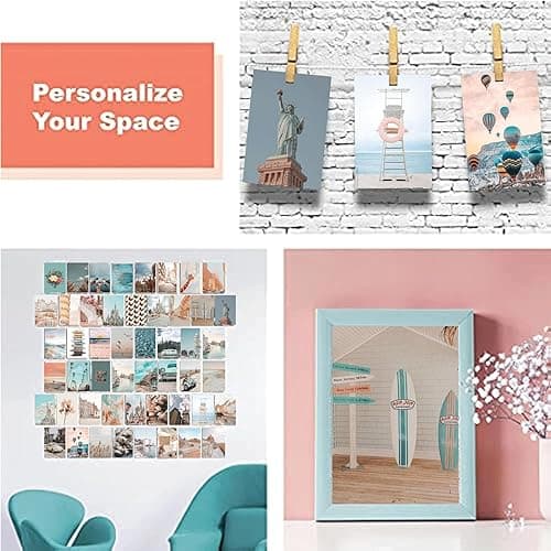 Onivein Peach Teal Wall Collage Kit Aesthetic Pictures, 50Pcs 4 x 6 Inch Blue Aesthetic Picture, Summer Beach Collage Print Kit, Trendy Cute Posters Photo Collage Kit for Dorm Bedroom Decor thumbnail 5