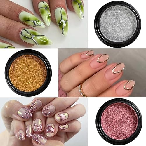 Chrome Nail Powder Set 14 Colors Pink Blue Silver Metallic Effect Mirror Powder for Nails with Brushes Holographic Pigment Chameleon Flakes for Nails Gold Leaf Decoration Nail Supplies thumbnail 4
