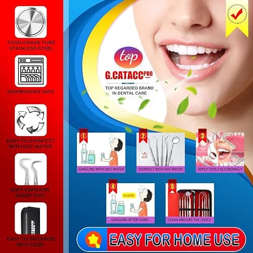 G.CATACC Dental Tools, Dental Pick Teeth Cleaning Tools Hygiene Kit, Plaque Remover for Teeth, Professional Stainless Steel Tooth Scraper Plaque Tartar Cleaner - with Case thumbnail 4