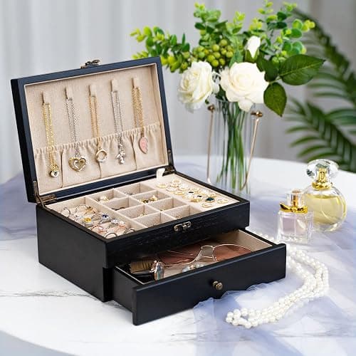 Pinzoveco Jewelry Box for Women, Rustic Wooden Jewelry Organizer Box for Storage Earrings Rings Necklace Bracelet, Farmhouse Style Wood Jewelry Boxes & Organizers (Black) thumbnail 2