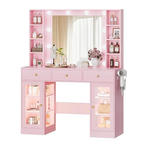 Wodeer Makeup Vanity Desk with Mirror and Lights, Pink Vanity with Glass Top, LED Lights & Power Outlet, 3 Drawers & 2 RGB Glass Cabinets, Adjustable Lighted Dressing Table for Women & Girls Bedroom thumbnail 9