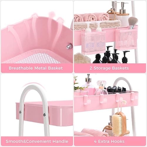 KINGRACK 3 Tier Utility Rolling Carts, Metal Rolling Storage Cart, Craft Art Cart with Handle and Locking Wheels & 2 Hanging Baskets 4 Hooks for Bathroom, Bedroom, Pink - Pink With Basket and Hooks thumbnail 4