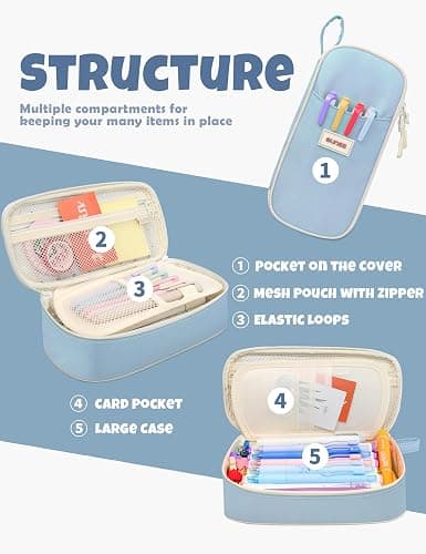 SUNEE Cute Pencil Case, Aesthetic Pen Pouch, Colored Large Pencil Bag with Zipper, Kawaii Stationery Storage and Organizer, School Supplies for Teen and Adult Girls, Blue thumbnail 5