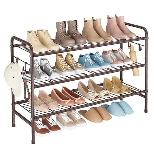 VILICK 3 Tier Shoe Rack 33" Wide Metal Shoe Organizer Long Shoe Storage with 4 Side Hooks Sturdy Shoes Shelf for Front Door Entrance, Closet, Garage, Dorm, Brown thumbnail 9