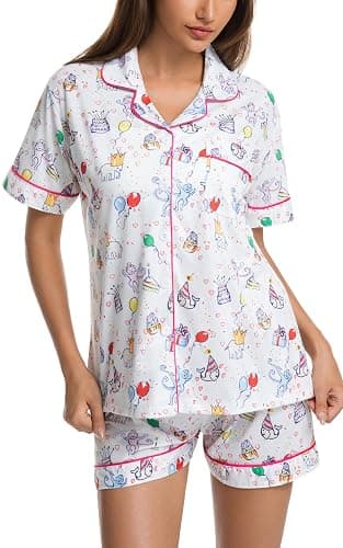 Womens Pajamas Set Button Down 2 Piece Cute Monkey Bunny Y2k Preppy Heart Pjs Sets Lounge Comfy Sleepwear - Image 1