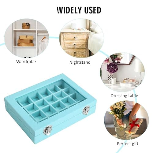 Vicoter Velvet Jewelry Box 24 Grid Jewelry Ring Display Organiser Box Tray Holder Earrings Storage Case for Girls Wife Mom Women (Light Blue) thumbnail 6