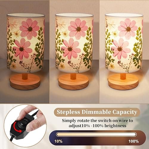 Floresita Dried Flowers Small Table Lamp 9W LED Dimmable Warm Light Pressed Flower Bedside Lamp Linen Shade with Wood Base for Bedroom Living Room Desk Nursery thumbnail 3