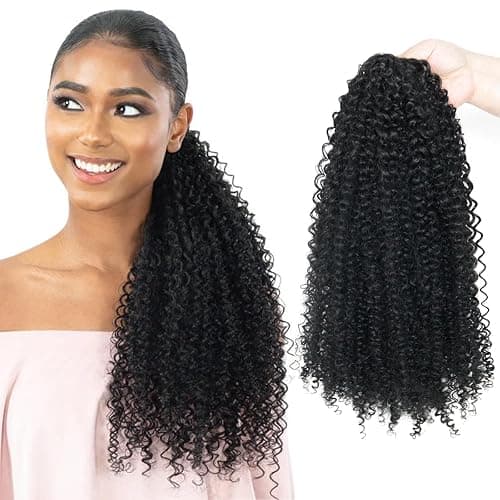 GOTEFERBE Kinky Curly Drawstring Ponytail 1B Off Black Afro Curl Synthetic Fiber Clip In Ponytail for Women Thick Coily Curls Natural Looking Hairpiece 18 Inch - Image 1