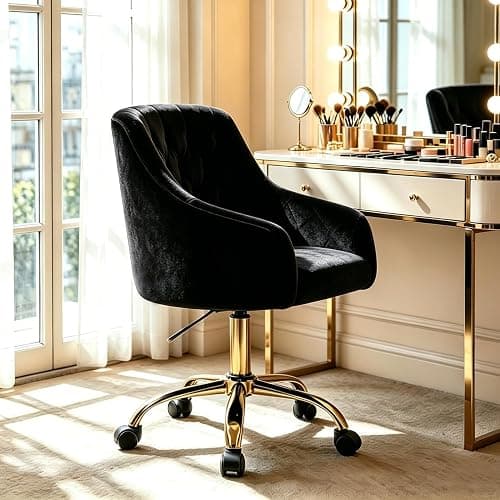 MOJAY Velvet Office Swivel Chair, Vanity Chair, Fabric Desk Chair, Pretty Fancy Chair, Gold Office Chair for Girls, 360°Swivel Height Adjustable Reception Chair (Black) - Image 1