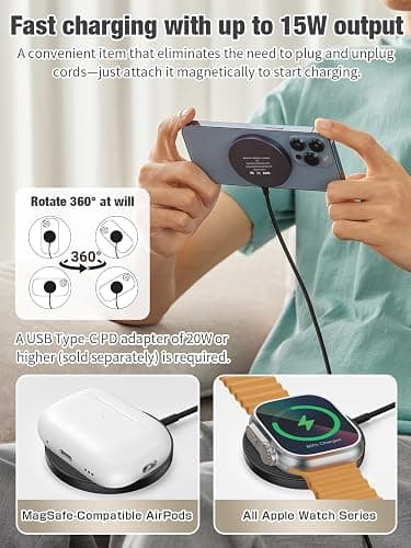 3 in 1 Magnetic Wireless Charging Station, 15W Fast Charger Compatible with iPhone 17/16/15/14/13/12 Series, Apple Watch 9-2/SE, AirPods Pro 3/2/1, for Bedside Desk Travel Home Office (Black) thumbnail 2
