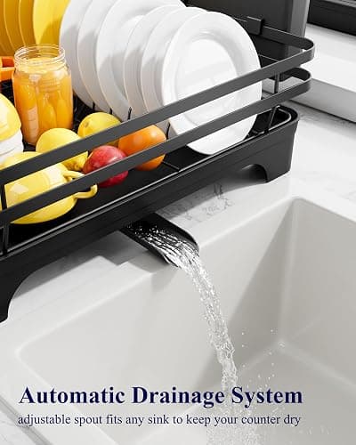 Kitsure Dish Drying Rack - Multi-Functional Dish Rack for Kitchen Counter with Cutlery Holder, Rust-Proof Storage Solution with Rotatable, 15.7" x 12.0" x 5.5", Black thumbnail 7
