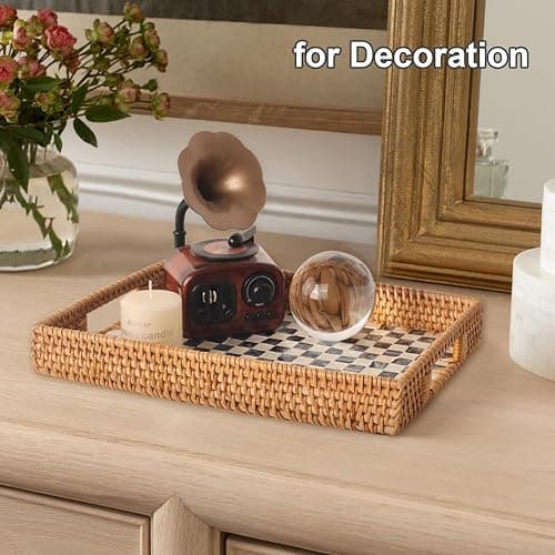Tynulox Rectangle Rattan Tray with Mother of Pearl Inlay, Rattan Serving Tray with Handle for Coffee, Bread, Fruits, Snacks, Decorative Wicker Tray for Table Decor (Black Checkerboard, 13"×9") thumbnail 8