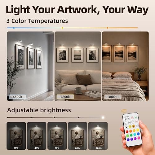 EZVALO Picture Lights for Wall, 2000mAh Rechargeable Battery Magnetic Poster Lights with 3 Color Temps & 12 RGB, Remote Dimmable Timer Painting Light, Wall Decor Light for Art Display, Frame (3 Pack) thumbnail 4