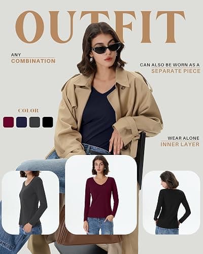 Velvelhall 4 Pack Women's Long Sleeve Thermal Shirts Fleece Lined V Neck Slim Fit Underwear Base Layer Basic Winter Warm Tops thumbnail 6