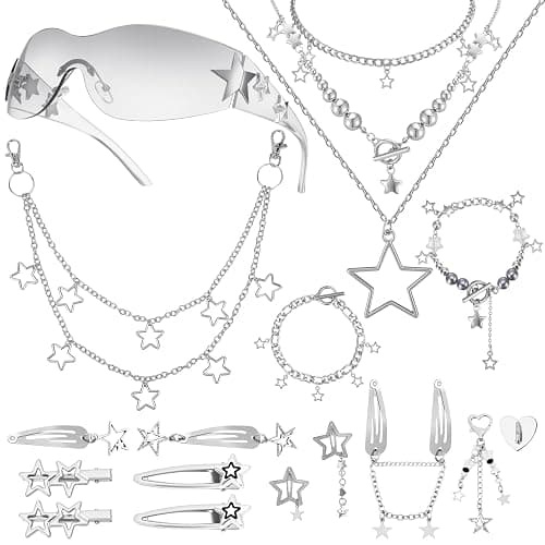 Y2k Accessories Set Included Star Y2k Silver Necklace Grunge Layered Necklace Y2K Sunglasses Star Hair Clip Y2k Silver Hair Clips Keychain Hip Hop Pants Chain Vintage Jewelry Set for Women - Image 1