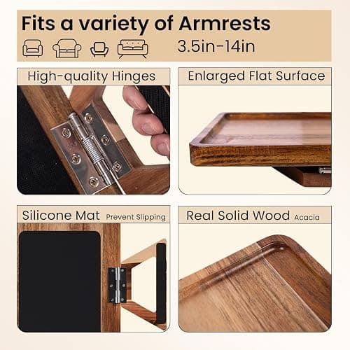 Danfoxer Acacia Wood Couch Arm Tray，Folding Sofa Armrest Table | Clip-On Couch Desk,Foldable, Non-slip,No Assembly，for Drinks Snacks Phone，Remote Control thumbnail 6