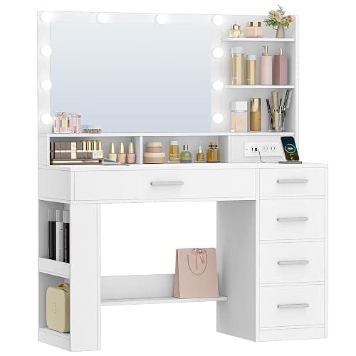 HEXCELEN Vanity Desk, with LED Light, Makeup Vanity with Mirror, Dressing Table with Power Strip, 6 Shelves, 5 Drawers and Open Side Storage, Simple, White thumbnail 8