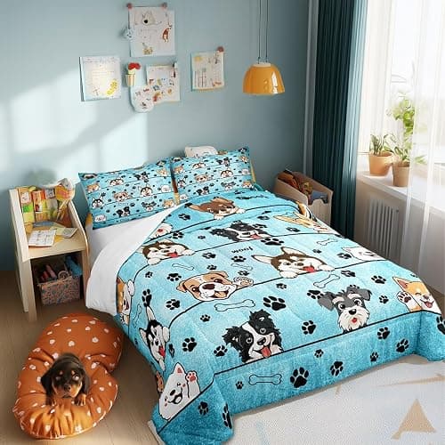Manfei Cute Dog Comforter Set for Kids Room Decor Cartoon Puppy Pet Animals Bedding Comforter Twin Size Black Paw Print Blue Soft Polyester Quilt Set with 1 Pillowcase thumbnail 4
